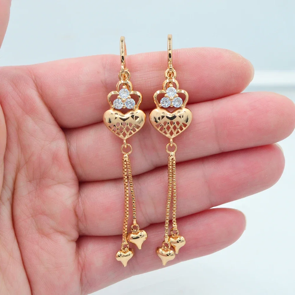 Fashion Gold Color Clear Zircon CZ Romantic Heart Tassel Dangle Earrings Jewelry