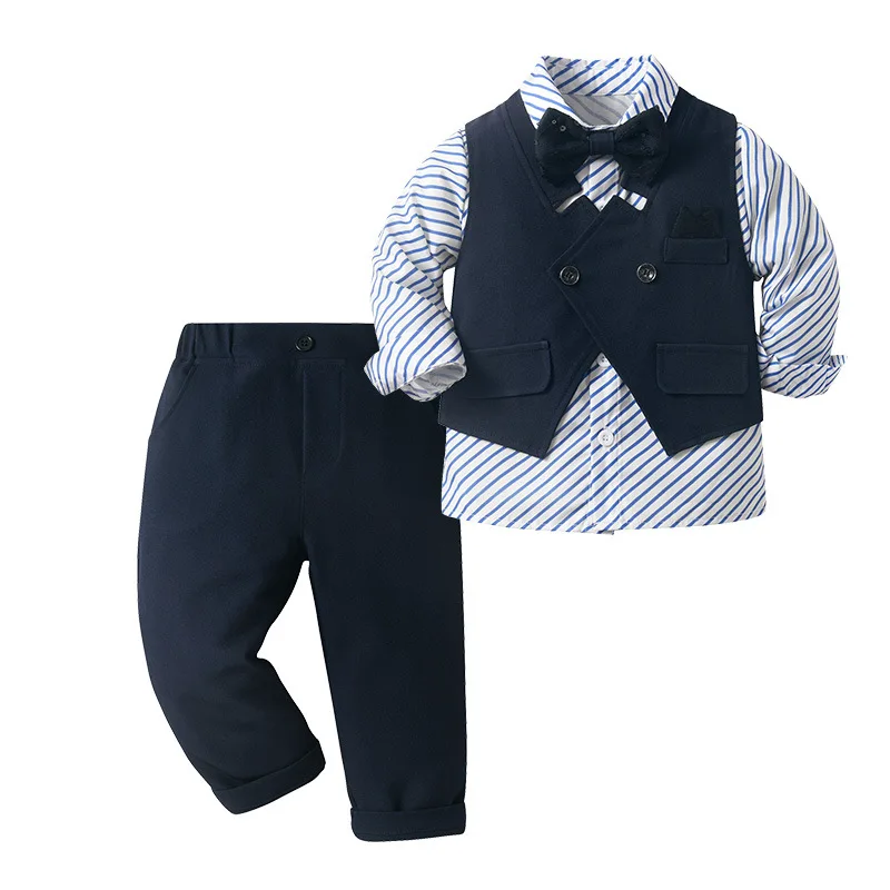 Toddler Boys British Gentleman Formal Suit Striped Shirt Vest Pants 3pcs Set Bowtie Kids Birthday Wedding Party Ceremony Outfit