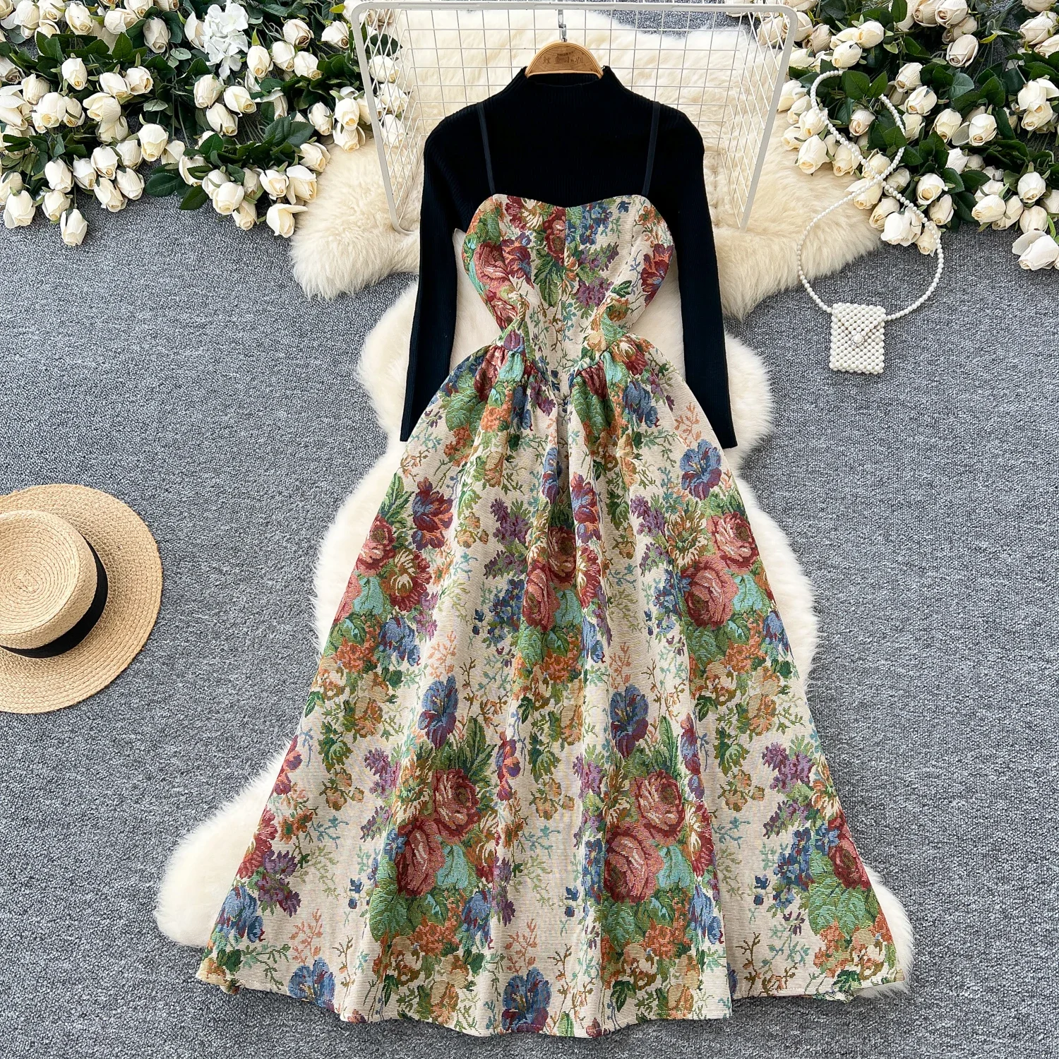 

Chic Women Two-Piece Sets Half High Collar Knit Top Vintage Jacquard Embroidered Straps Dress French High Street Winter Clothing