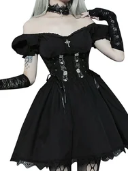 2024 New Gothic Sexy Black V Neck Lace Up Dress Y2K estetica Grunge Punk vita alta pizzo Trim corsetto abiti Ladies Party Dress