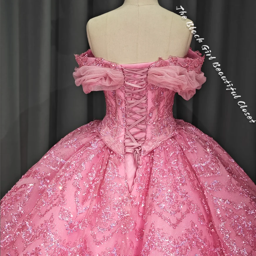 Pink Luxury Quinceanera Vestidos, bainha requintada, cartão de cinta, ombro princesa Tutu, Appliqued Tulle Pearls Prom Dresses, 15, 2024