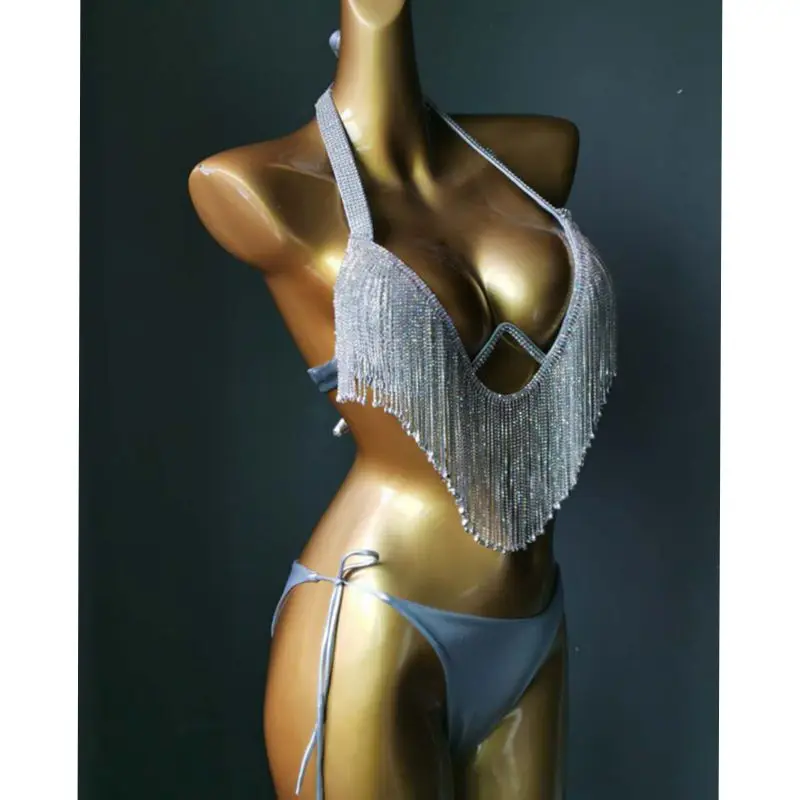 Maillot de bain à glands en diamant avec biscuits, ensemble de bikini, bling, cristal de charbon, bain trempé, maillot de bain, 2023