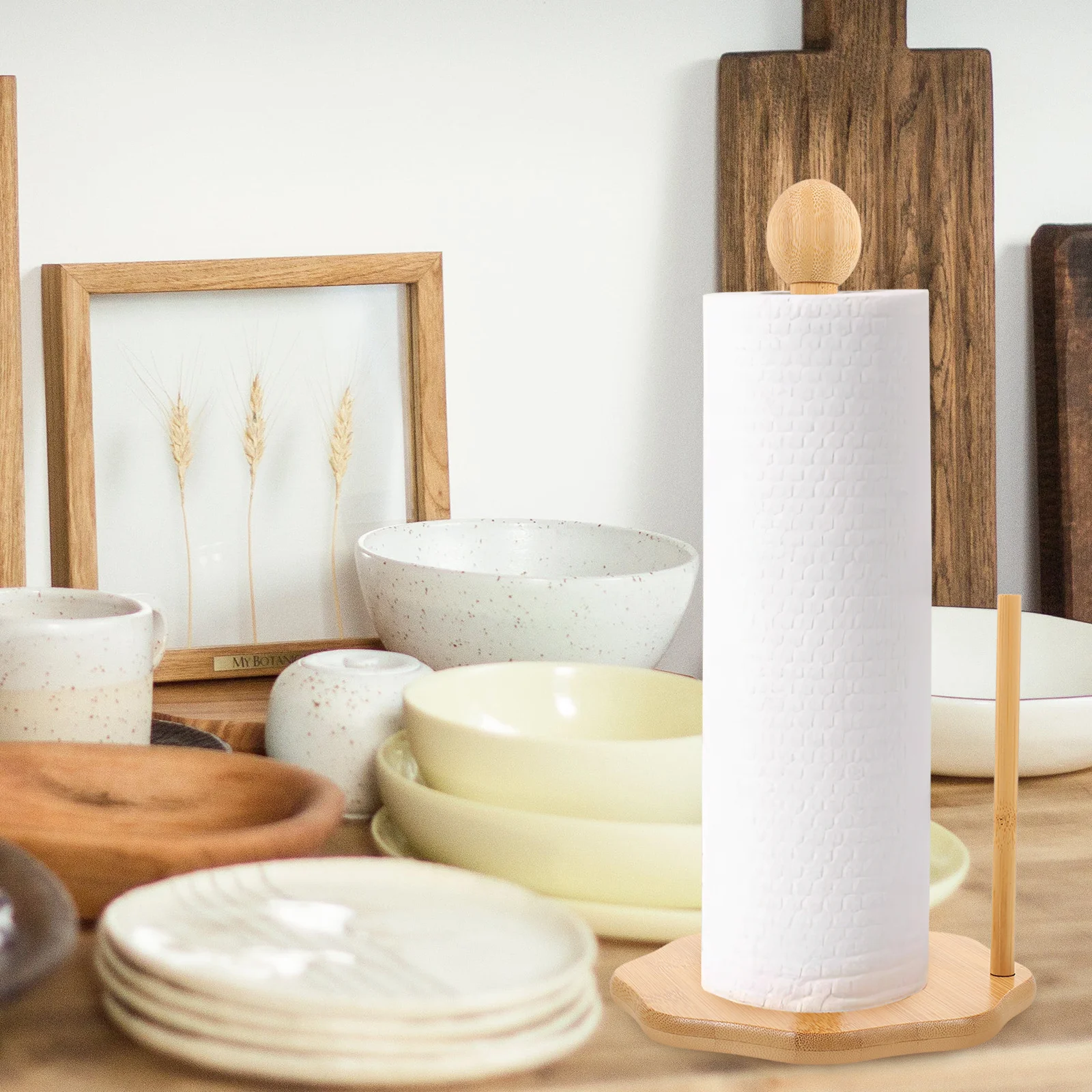

Wood Paper Towel Holder Vertical Kitchen Roll Stand Solid Wooden Paper Towel Rack Space Saving Countertop Organizer