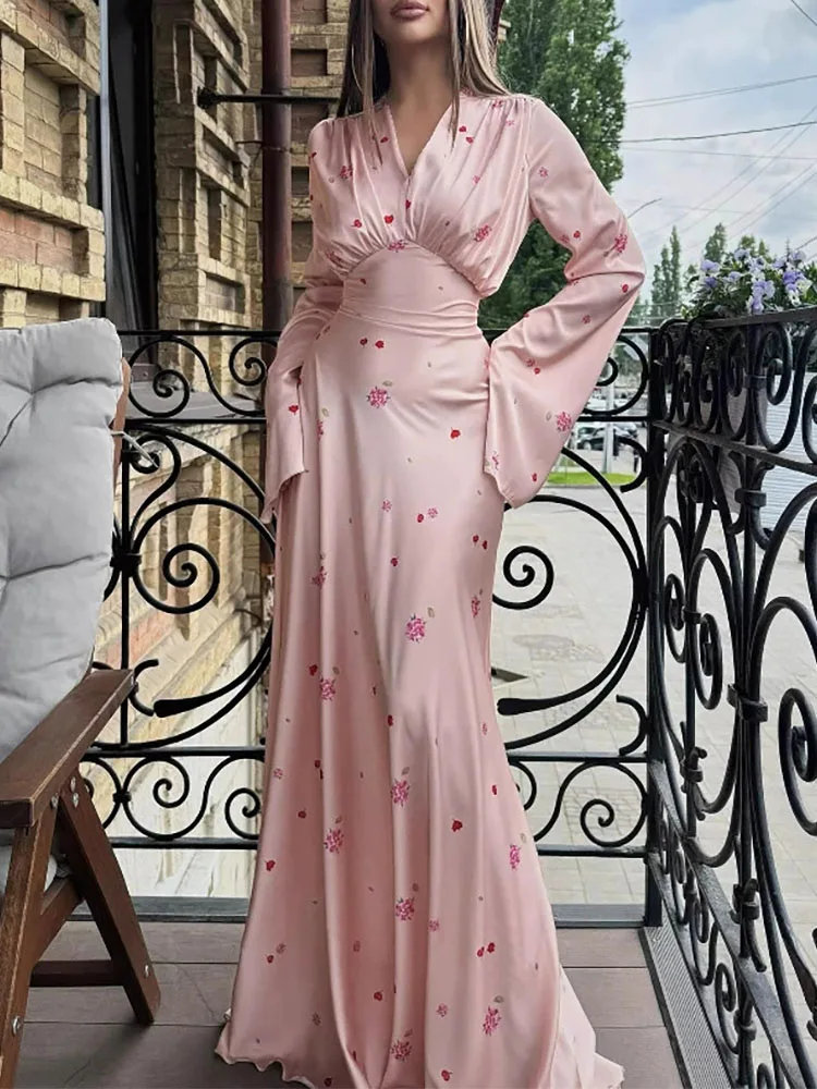 Elegante flor impressão cetim vestido de noite feminino casual mangas alargadas magro vestido longo moda com decote em v altura cintura bohe vestido de festa