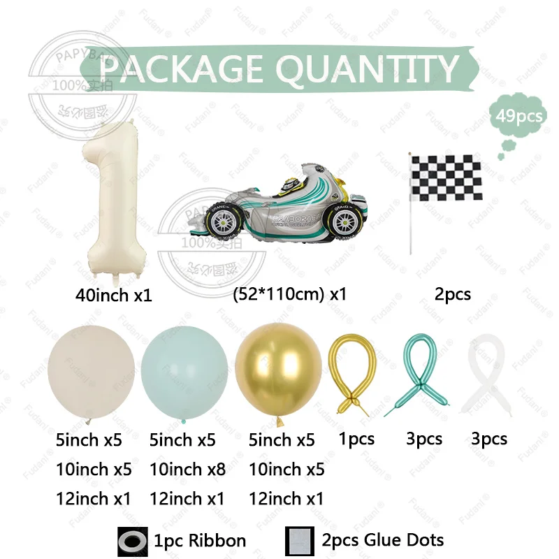 49pcs Green Racing Car Balloon Cream White Number Birthday Balloon Set Festive Party Decoration Birthday Photo Props