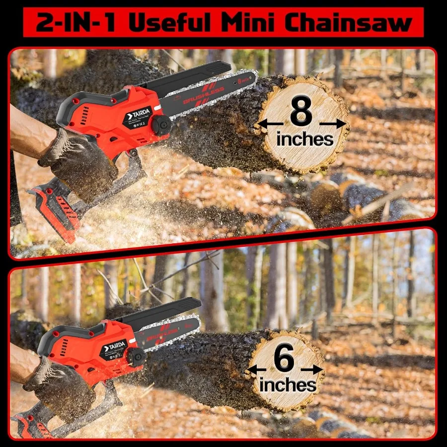 800W ブラシレスコードレスチェーンソー、オートオイルラーと安全ロック付き、木の剪定と木材切断用、2IN1、8インチと6インチのデュアルブレード