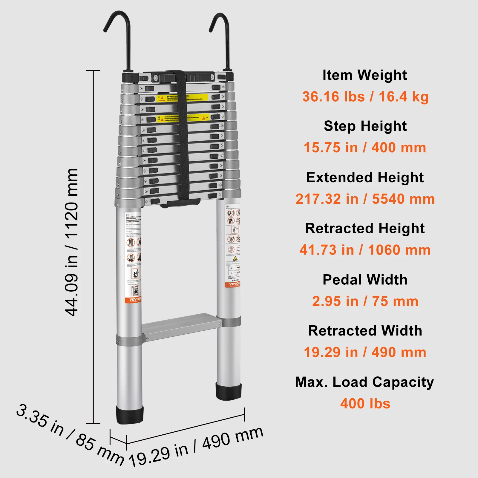 Telescoping Ladder, 18.5 FT Aluminum One-button Retraction Collapsible Extension Ladder, 400 LBS Capacity With Non-slip Feet,