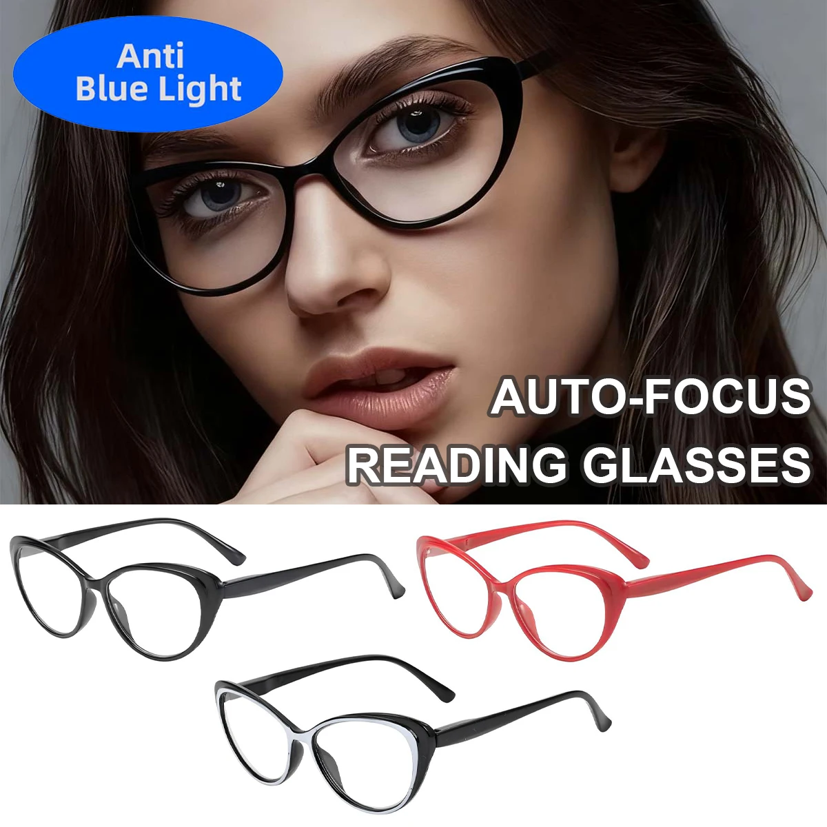Auto-Focus Cat-Eye Reading Glasses for Women Men, Blue Light Blocking Full-Rim PC Frame, Metal Hinge Design L52