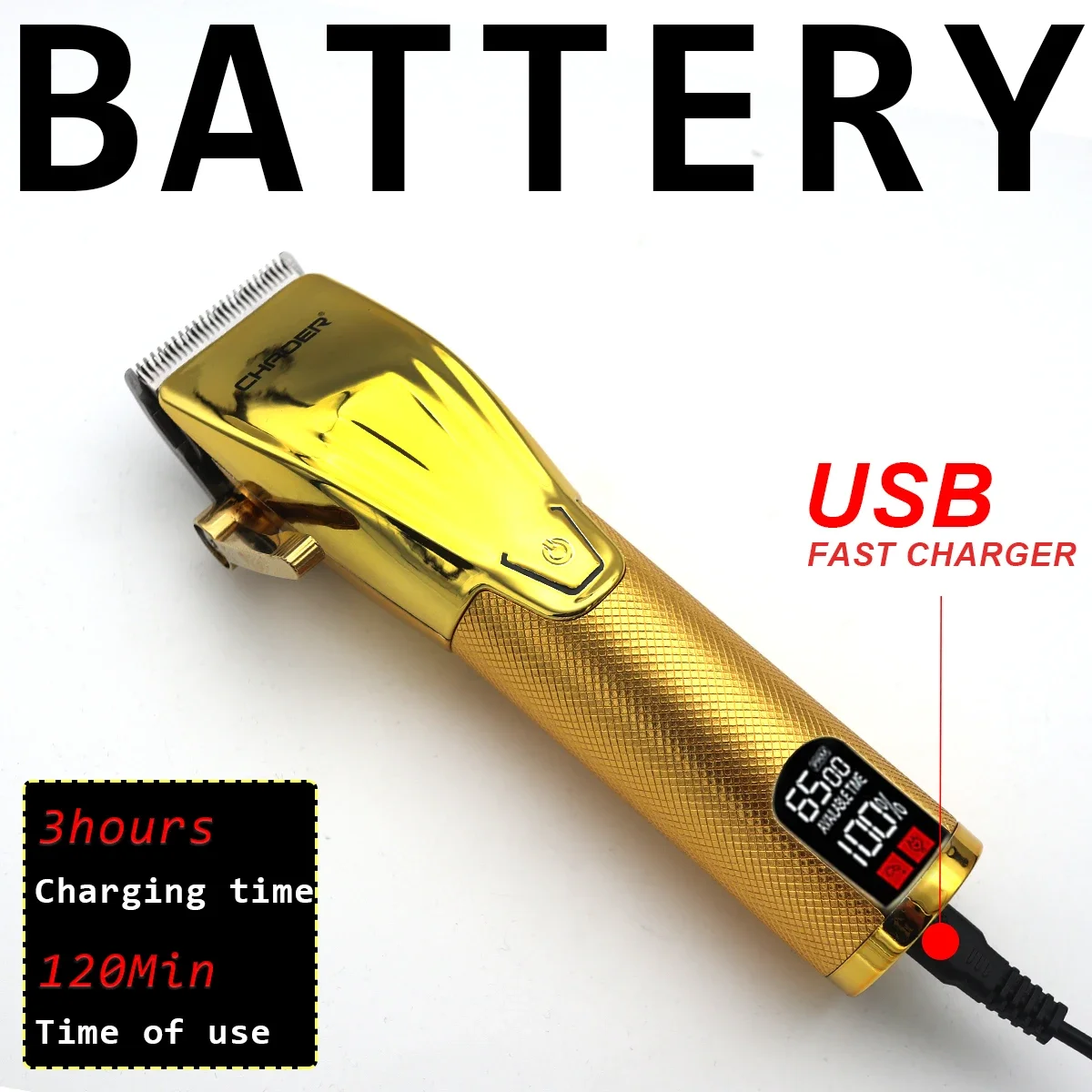 CHAOER C102 Men's Hair Clipper โลหะเต็มรูปแบบจอแสดงผล LED ไร้สายอินเทอร์เฟซ USB ตัดผมมืออาชีพผม Trimmer