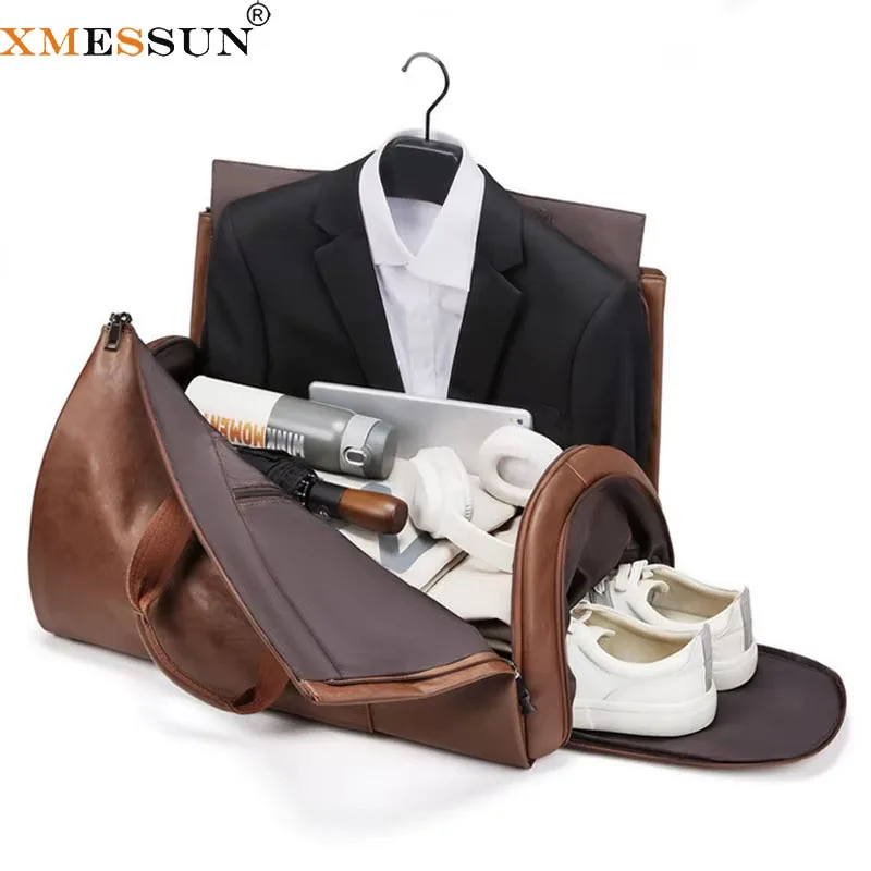 XMESSUN New Men's Portable Travel Bag Designer Brand PU Leather Large Capacity Luggage Folding Suit Bag Shoulder Crossbody Bag