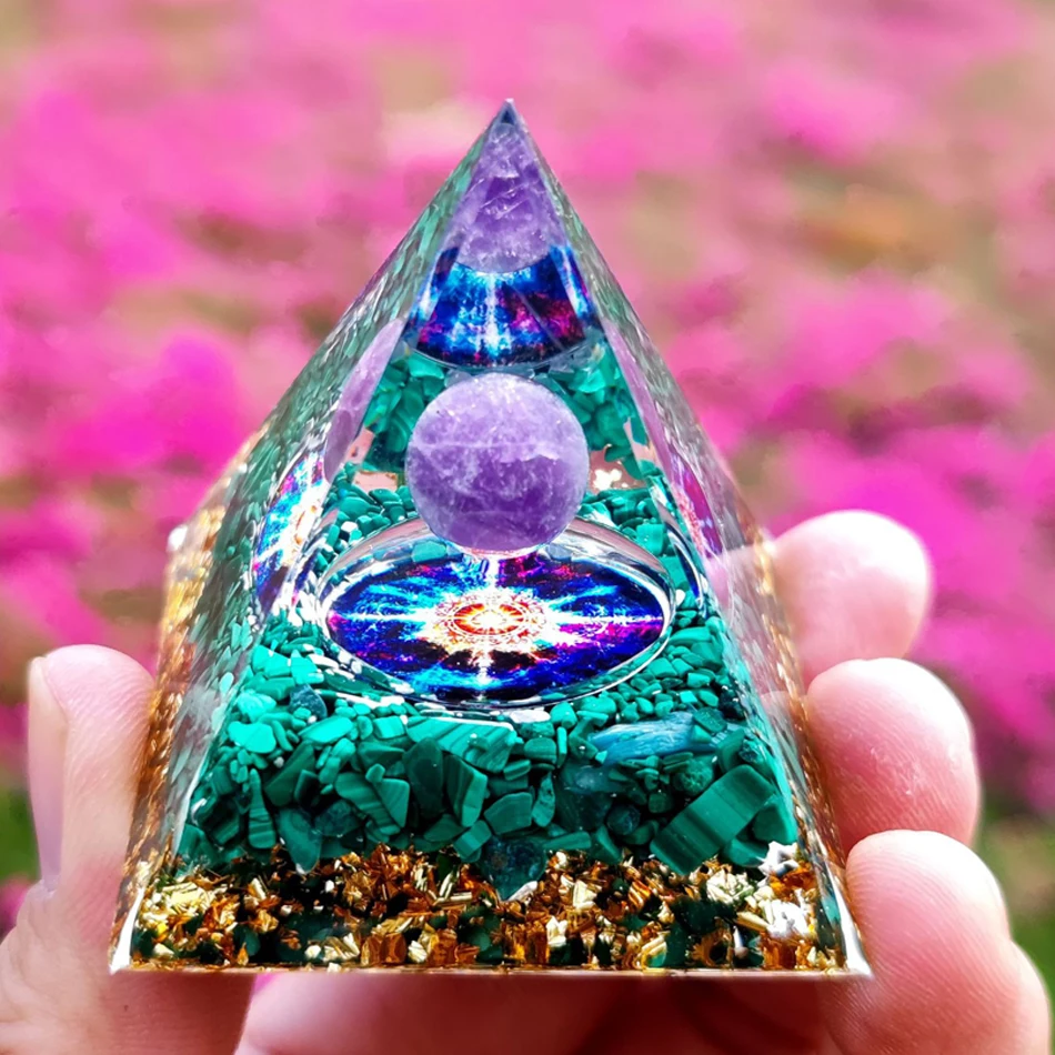 Orgone Pyramid Amethyst Peridot Healing Crystal Energy Generator Reiki Balancing Orgonite Pyramid EMF Protection Meditation Tool