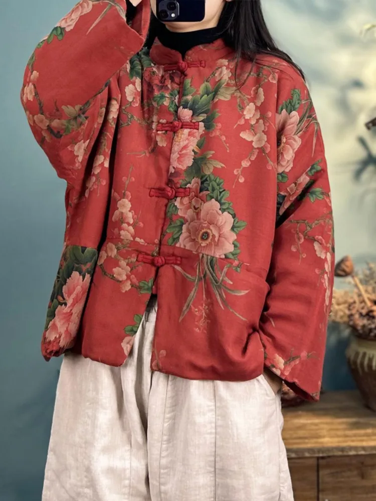 

Женское хлопковое джинто Thiened с воротником-стойкой и цветочным принтом, зимняя верхняя одежда, длинное пальто на одной пуговице