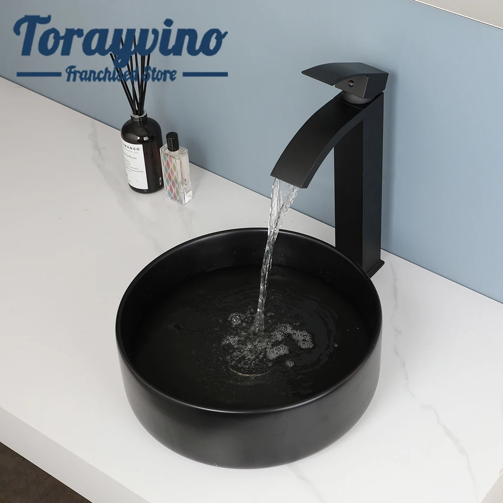 TORAYVINO Bathroom Basin Sink Faucet Combo Ceramic Matter Black Vanity Vessel Sink Bathroom Basin Single Handle Faucet Mixer