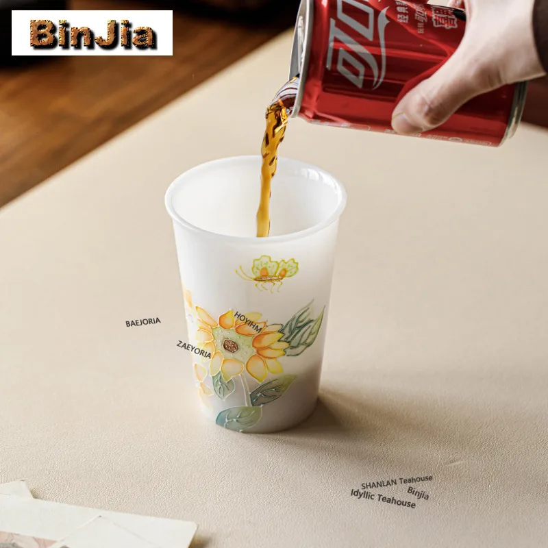 250ml Ice Jade Porcelain Hand-painted Sunflower Cola Mug Bubble Teacup Cold Hot Water Jug Hand Warmer Office Water Cup Cafes