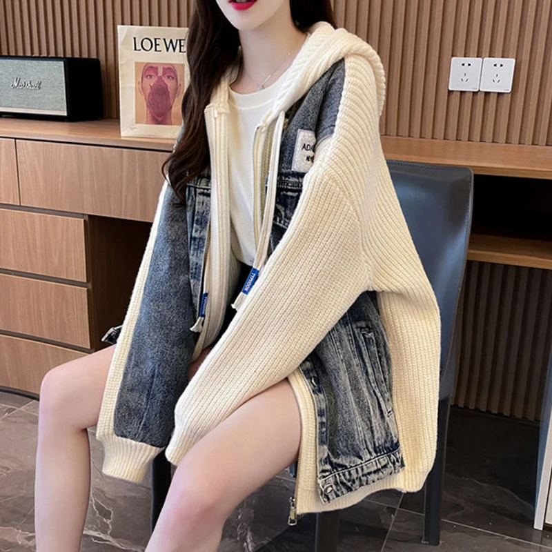 Denim Knitted Spliced Hooded Jackets Coats Fall Winter Warm Streetwear Chaquetas Vintage Casaco Korea Loose Casual Women Jaqueta