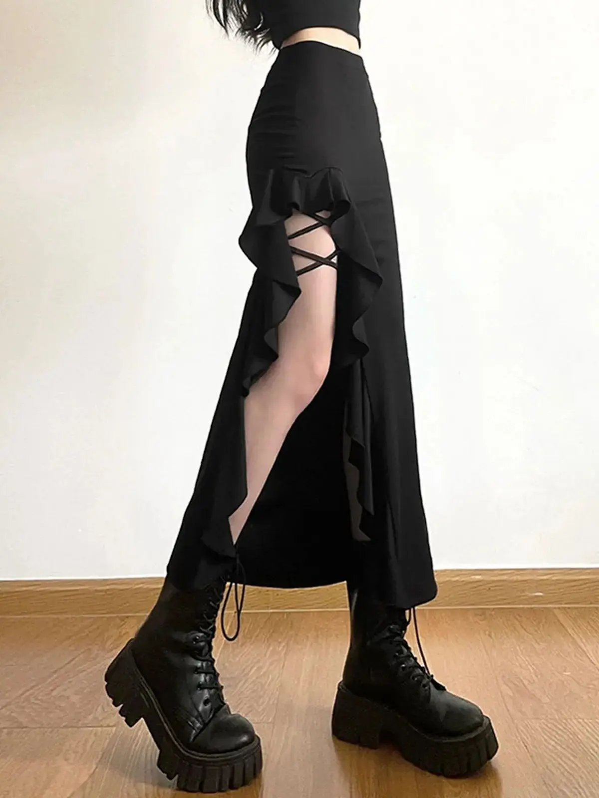 

High Waist Color Lace Cutout Fitted f Skirt Pure Color High Street Sle mid Length A-Line Skirt for Young Women