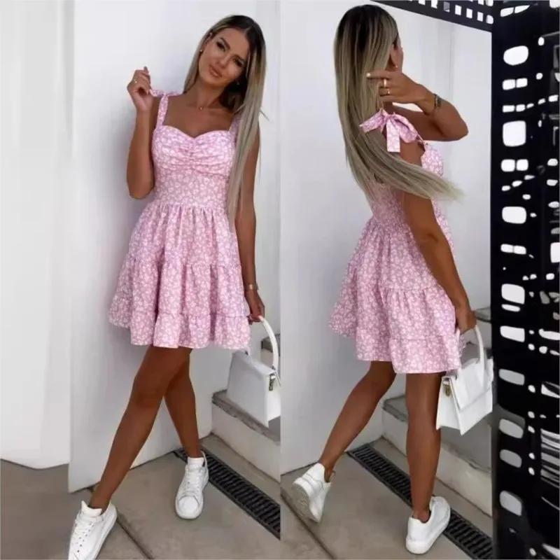 Moda verão flor impressão cintura vestido plissado para mulheres y2k casual férias praia vestido de verão cinta espaguete mini vestidos femininos