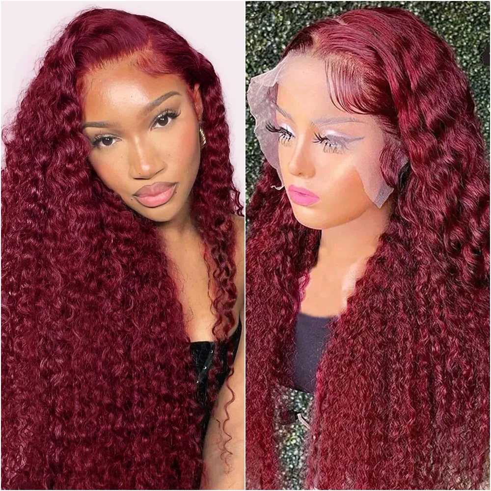 

13x4 HD Lace Frontal Deep Wave Wig 99j Burgundy Colored Curly 13x6 Transparent Lace Front Human Hair Preplucked Wigs For Women