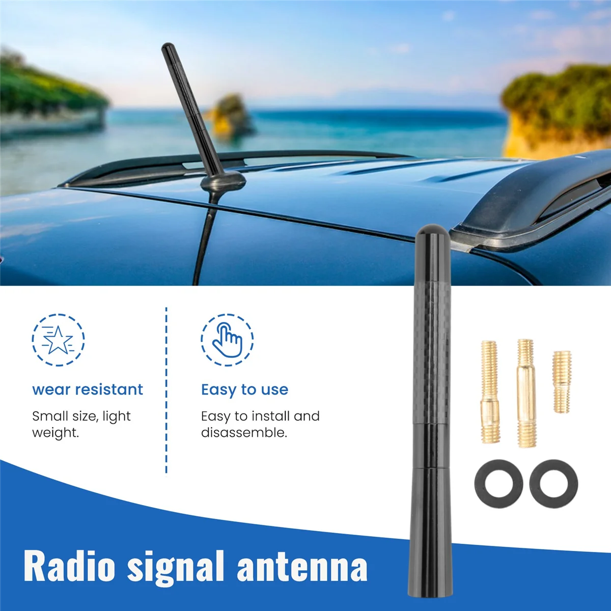 Auto rádio de fibra de carbono universal, antena curta, 5 ", 120mm, preto, AM, FM, antena, adaptador