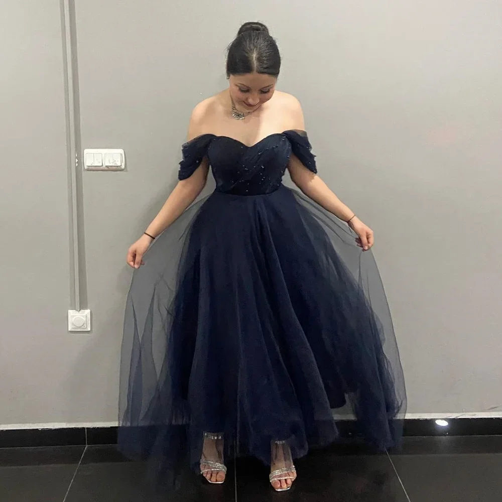 

Customized Tulle Sequined Ruched Evening A-line Off-the-shoulder Bespoke Occasion Gown Midi Dresses