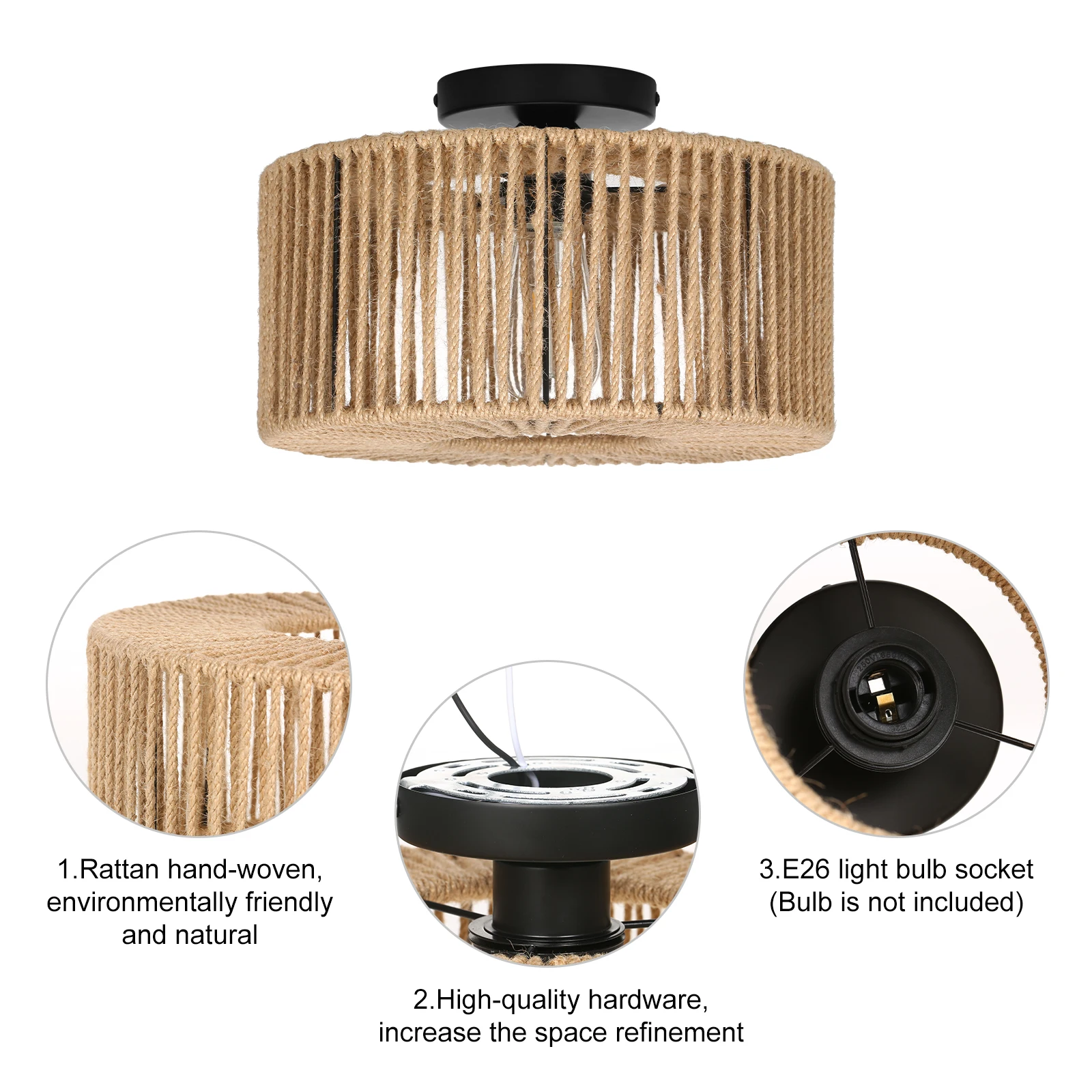 Round Ceiling Light Farmhouse Vintage Semi Flush Mount Rattan Woven Pendant Lamp for Kitchen Living Room Hallway