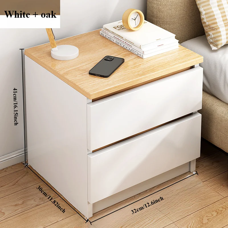 

Modern Minimalist Wooden Bedside Table with Dual Drawers - Rustic Oak & White, 12.6" Long - Perfect for Bedroom Storage