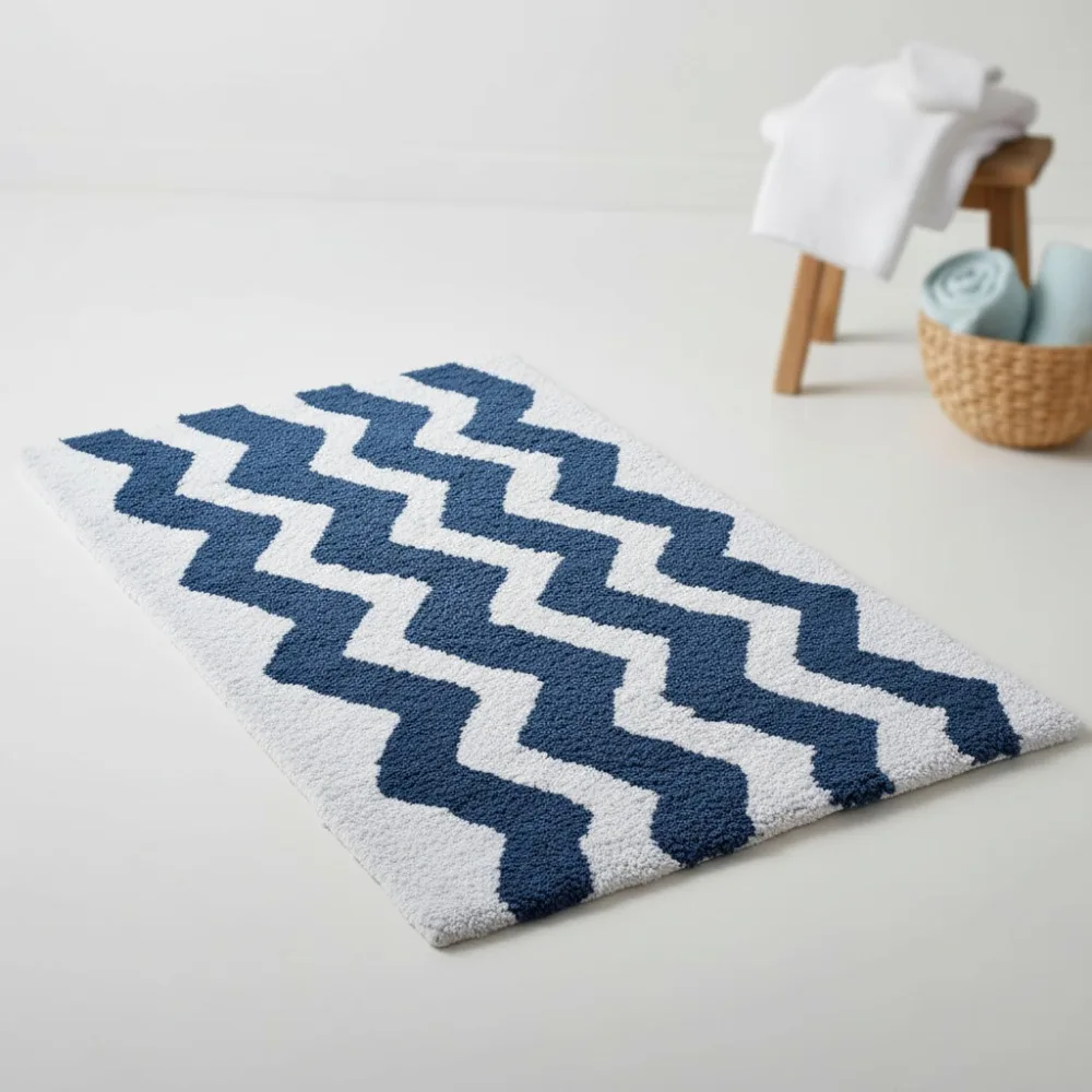 

Luxury Cotton Bath Mat Set - Soft & Absorbent 1'9"x2'10" Blue Nautical Design for Spa-Like Bathroom Decor