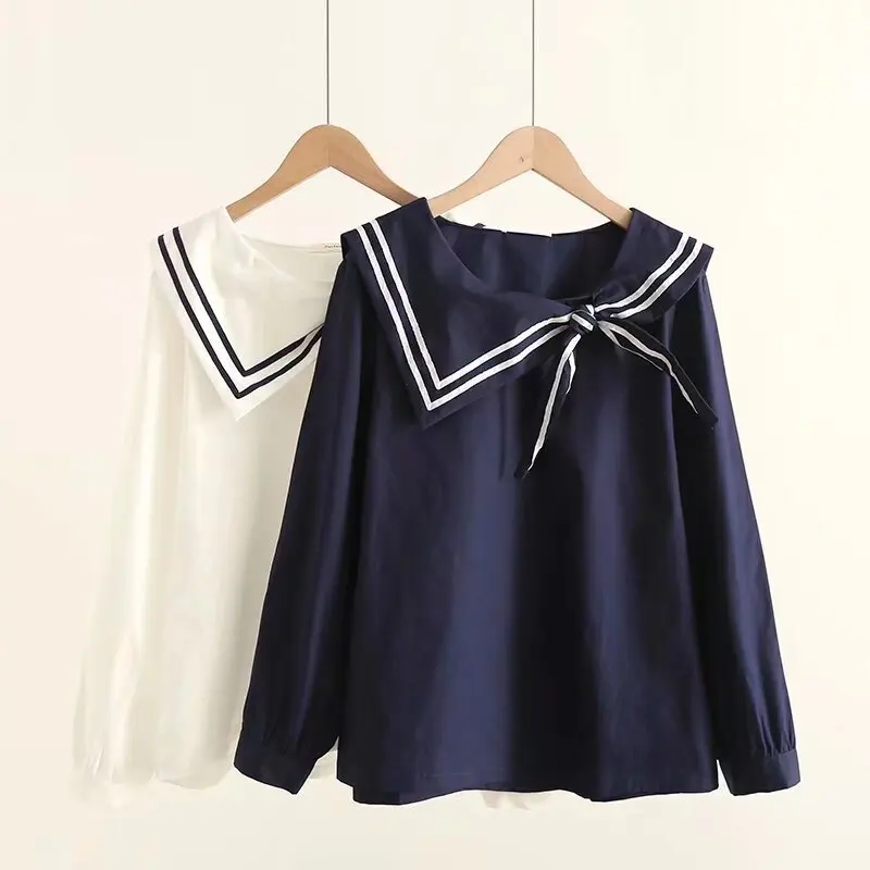 

High Quality Summer Cotton White Blouse Shirts Women Sweet Palid Tops Girl Peter Pan Collar Striped Casual Cute JK Cute Blouses