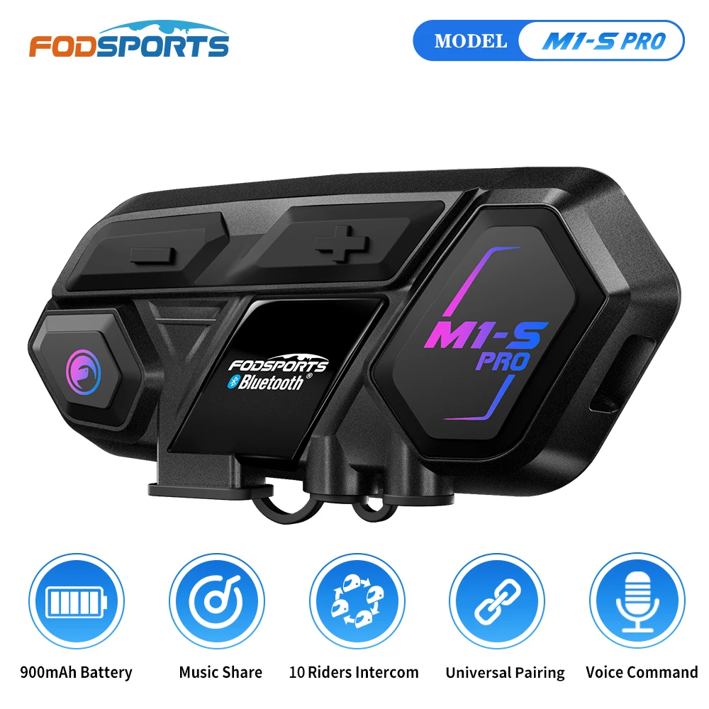 Fodsports M1-S Pro Motorcycle Intercom Bluetooth Helmet Headset 10 Riders 2000M Communicator BT Interphone,Share Music.