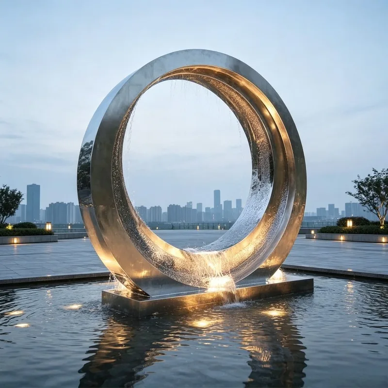 LED Lighted Circular Water Flow Stainless Steel Fountain Sculpture Large Custom Ornament For Outdoor Shopping Mall Landscape