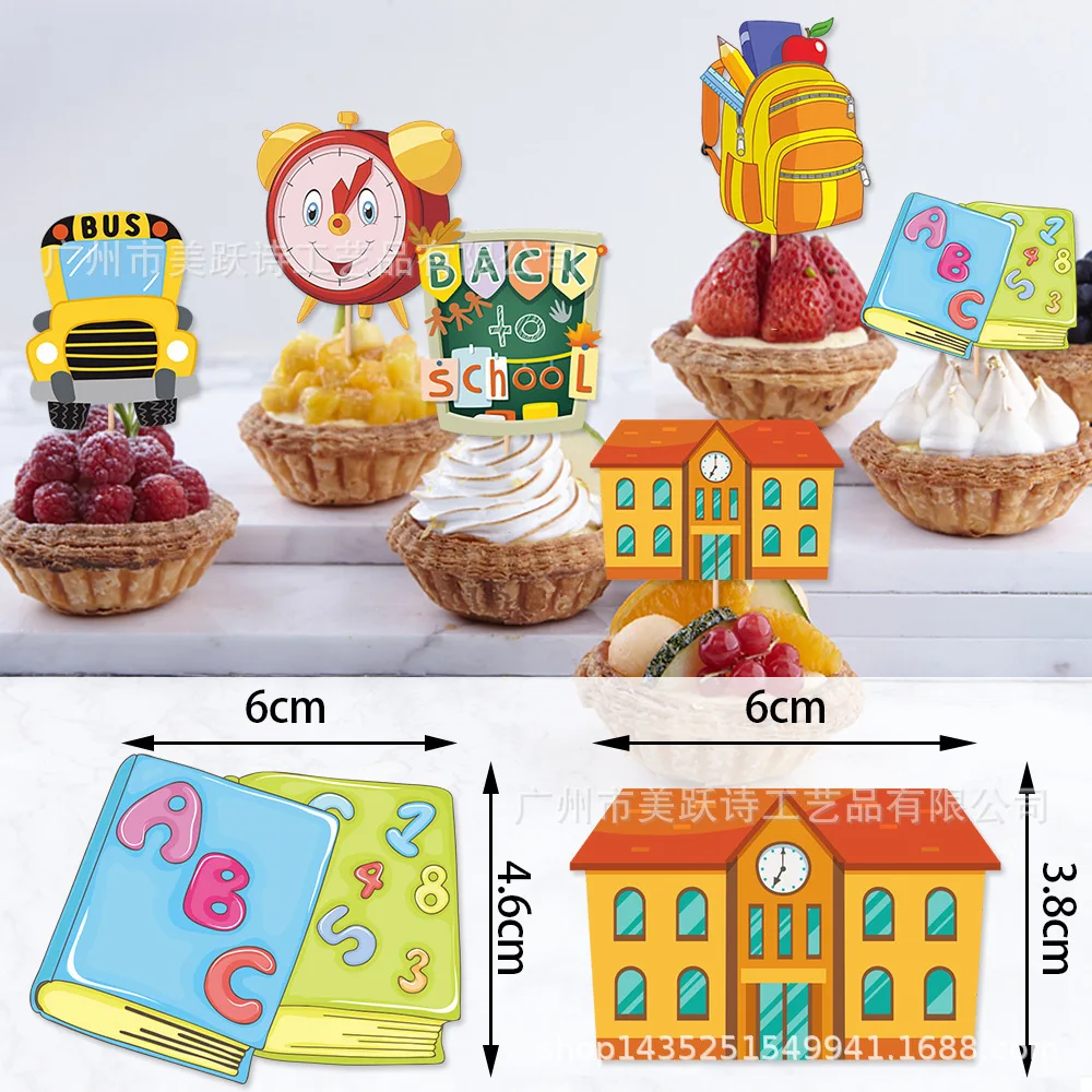 Back To School Cake Toppers,Kindergarten Kids Cartoon Clock,School Bag,School Bus Cake Inserts,6pcs