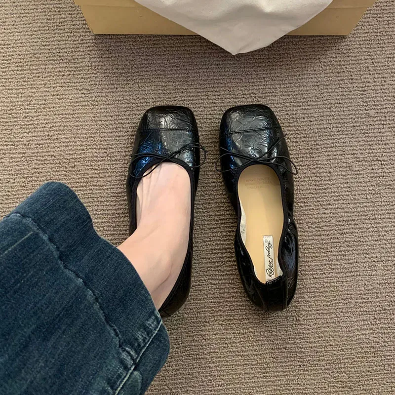 Modische Damen-Ballerinas mit Schleifenknoten, Weiche Tanzschuhe mit Quadratischer Zehenpartie, Neue Frühlings- und Herbst-Slipper für Damen – Detail 2