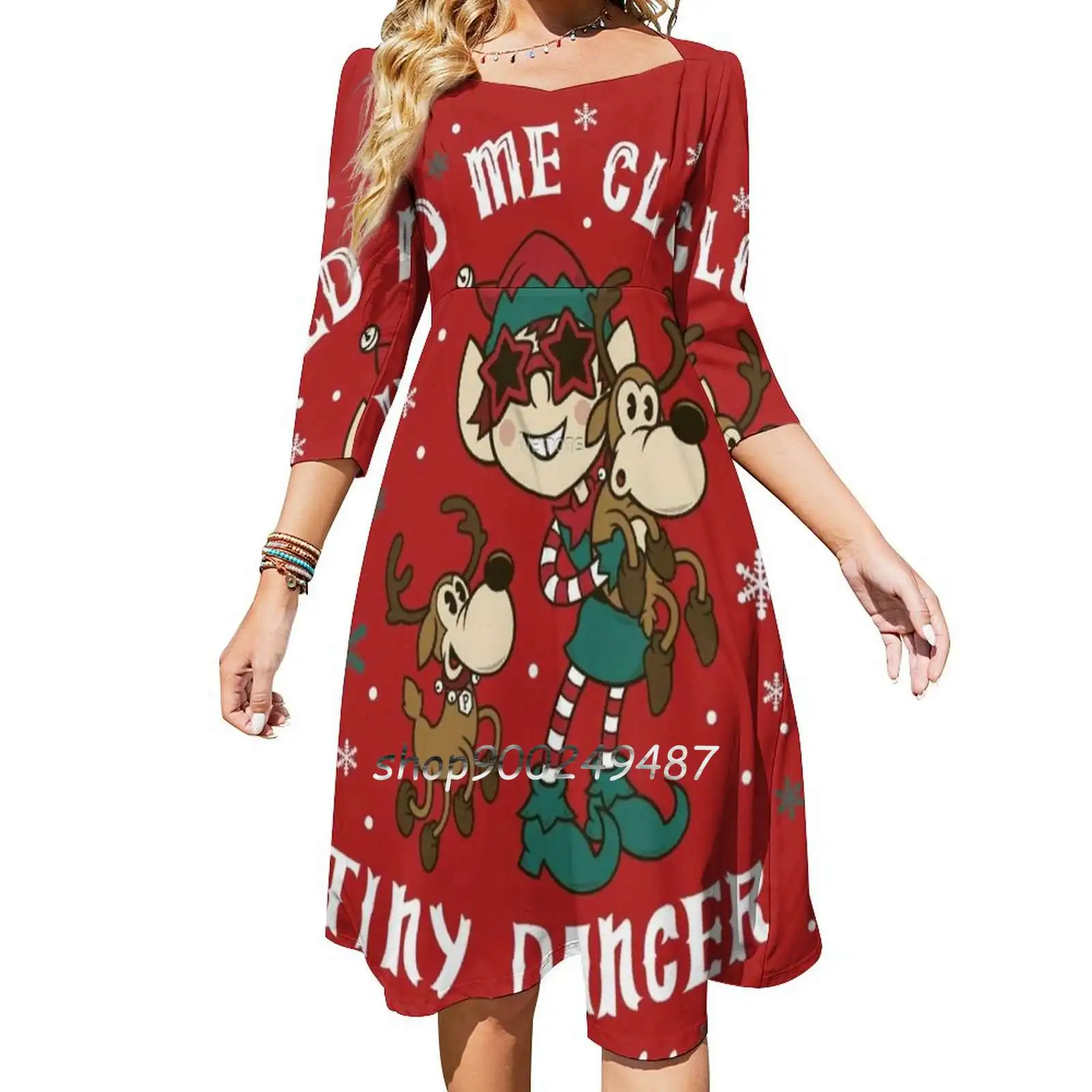 Tiny Dancer-Musical Elf-Cute Christmas Reindeer-Vintage Evening Party Dresses Midi Sexy Dress Female Sweet One Piece Dress