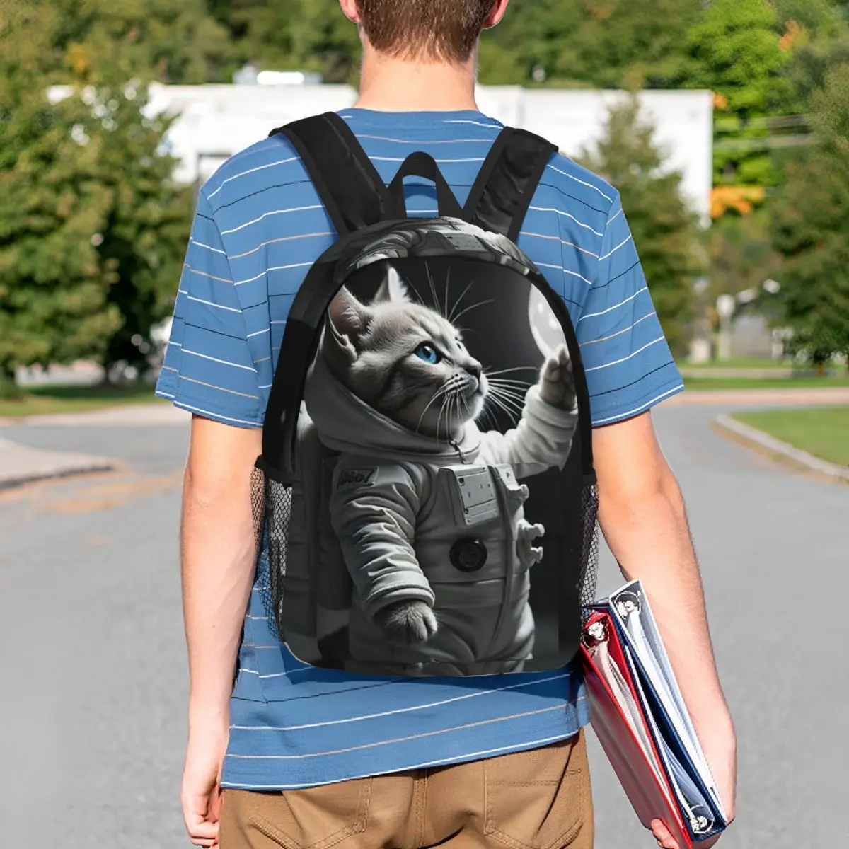 Whimsical Astronaut Cat And Stars In Space Backpack Student BookBag Kids School Bag Computer Shoulder Bags for Boys Girls
