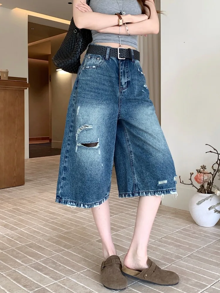 

American Style High Waist Loose Straight Leg Jeans Women's Summer Wide Leg Pants Torn Denim Capri Pants Casual Washed