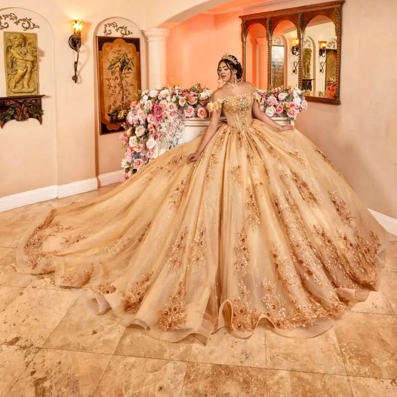 Personnalisé brillant champagne or Quinceanera robe dentelle cristal tulle dentelle 3D fleur robes de 15 Quinceanera ﻿