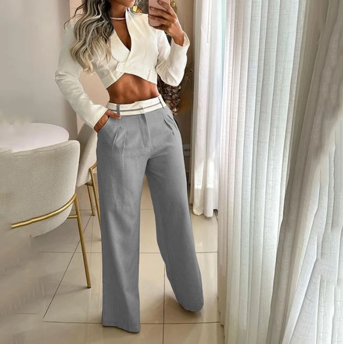 Sexy V-Neck Exposed Waist Long Sleeved High Waisted Straight Leg Pants Set, New Fashion Hot Selling Casual Women's Clothing