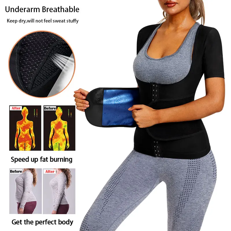 Women Sauna Sweat Suit Short Sleeve for Adult Weight Loss Body Shaper Waist with Underarm Breathable and Adjustable Waist