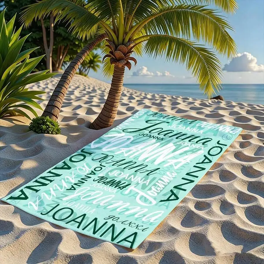 Personalized Joanna Typography Beach Towel, Modern Artistic Collage Design With Teal Mint Green And White Fonts, Ultra-Soft Quick-Drying Absorbent Sand-Proof Microfiber For Swimming Pool Camping Trave view 4