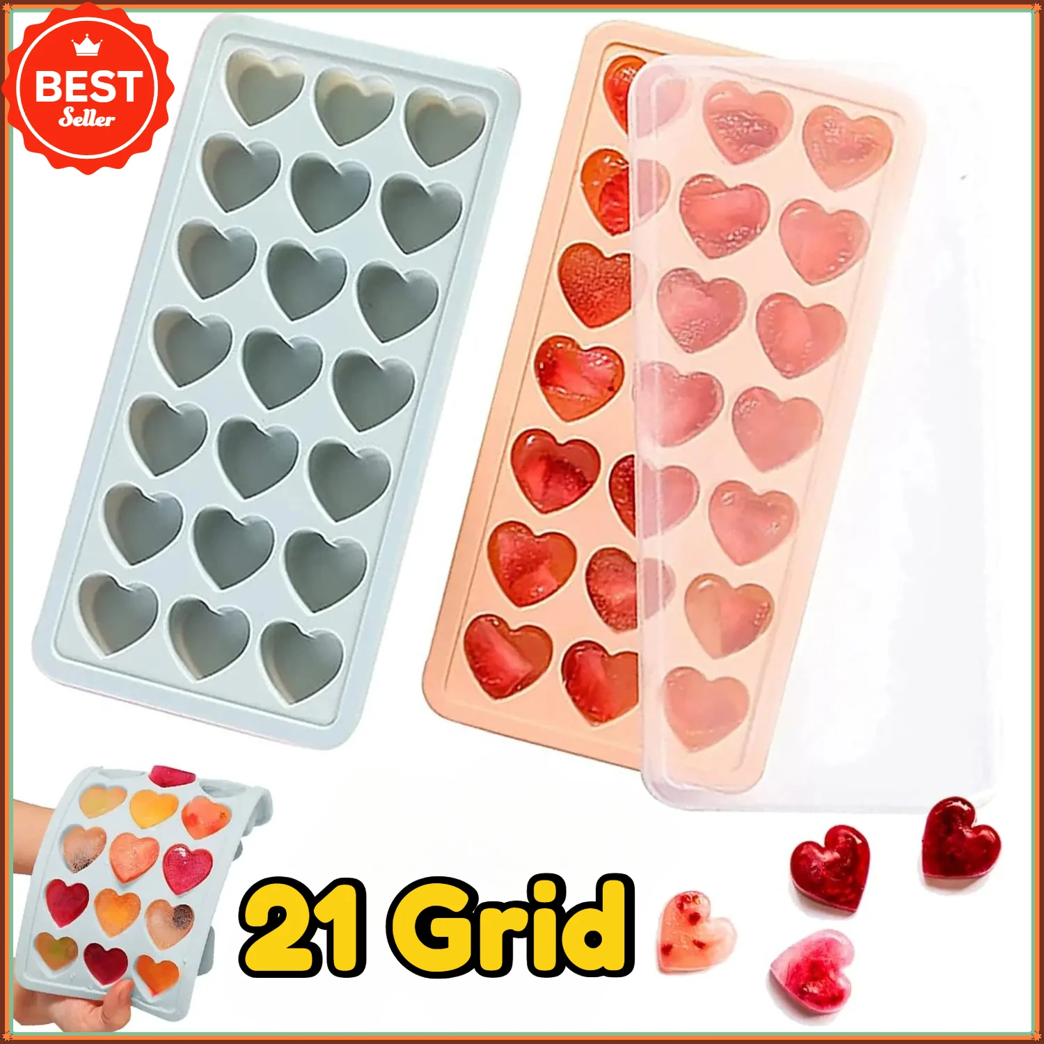 Heart Shape Silicone Ice Cube Mold, 21 Grid Flexible Tray with Lid, Food Grade BPA Free Easy Release Maker for Cocktail Gift