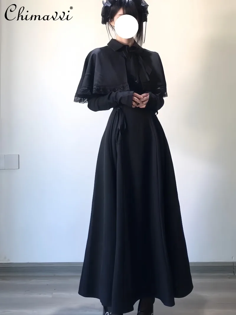 

Lolita Gothic Dark Style Cape Dress Spring and Autumn New Fashion Black French Retro Long Sleeve High Waist Elegant Dress Women