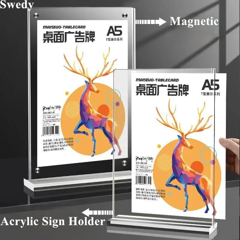 A5 14.8X21cm Magnetic Acrylic Sign Holder T Shape Double-Sided Desktop Menu Holder Price Label Holder Display Stand