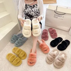 NEW Design Women Winter House Furry Slippers Women Cross Fluffy Fur Home Slides Flat Indoor Floor Shoes Ladies 2024