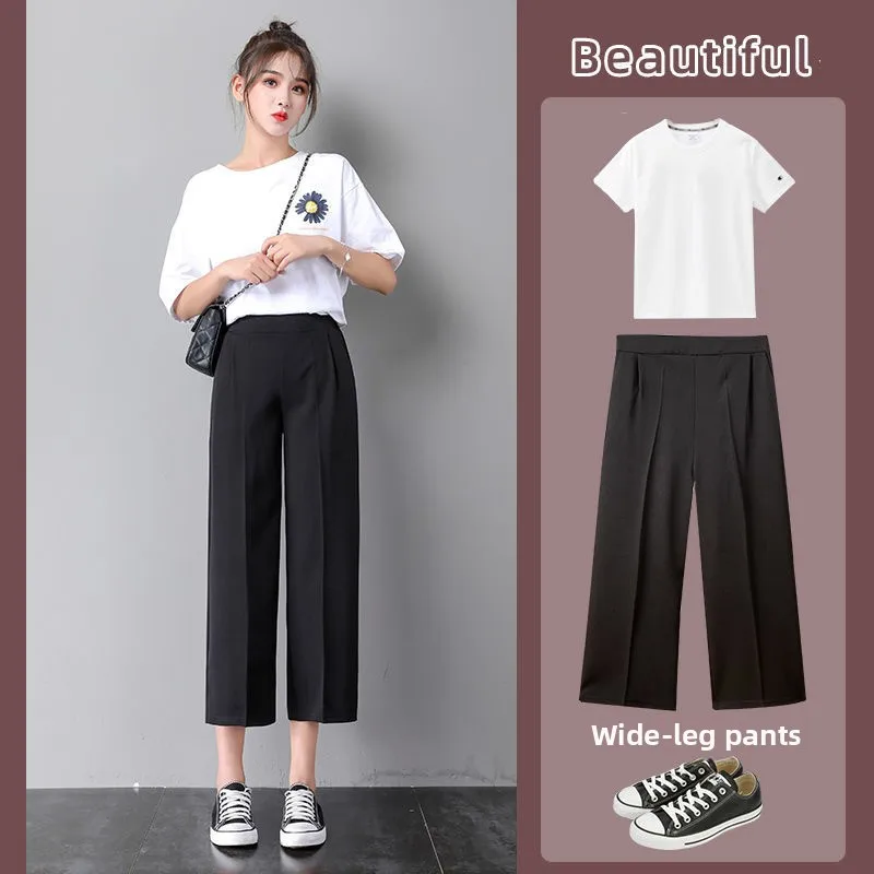 

High Waist Wide Leg Seven-Foot Pants Women's Summer New Style Korean Version Ice Silk Nine-Piece Loose Casual All-Match Five-...