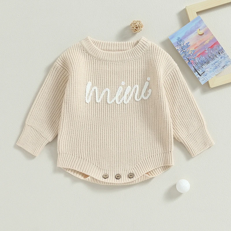 Lioraitiin 0-24M Baby Boys Girls Sweater Rompers Letter Embroidery Crew Neck Long Sleeve Jumpsuits Infant Clothes Knit Bodysuits