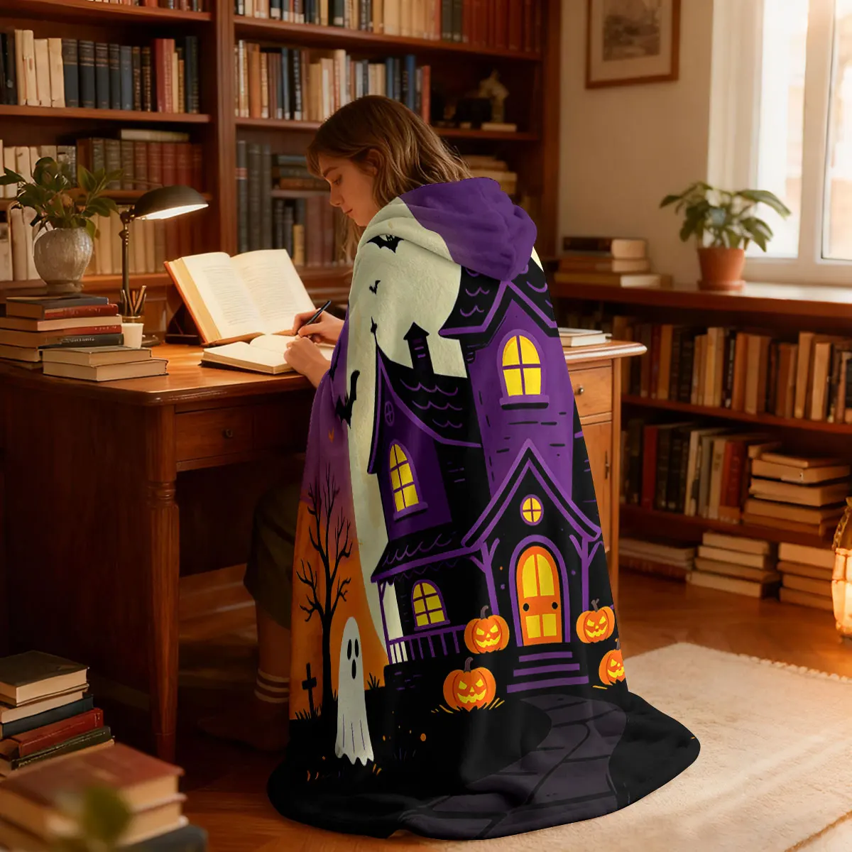1pc Halloween haunted house pumpkin bat ghost hat blanket flannel hoodie cape blanket, soft and casual  blanket