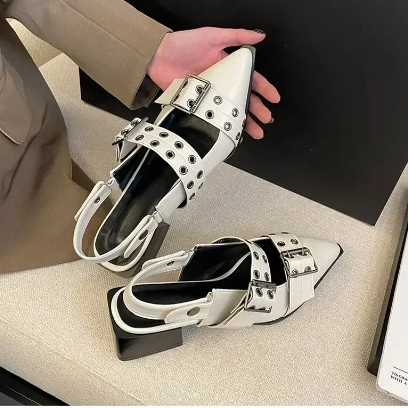 2024 New Women Chunky Sandals Summer Shoes Fashion Mid Heels Pointed Toe Party Shoes Casual Shoes Mujer Slippers Zapatos