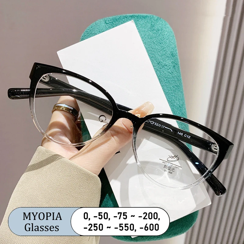 

New Artistic Brand Design Women Cat Eye TR Frame Anti Blue Light Prescription Custom Myopia Glasses Shade Photochromic 0 to -600