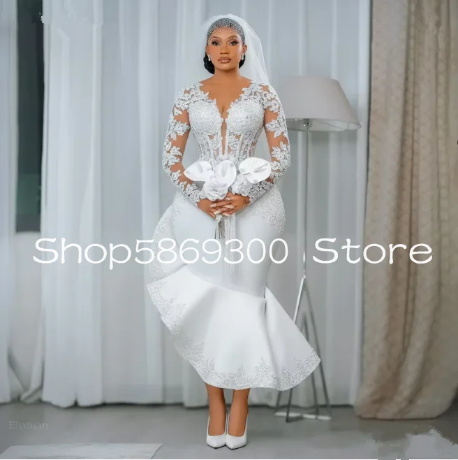 Modern African Mermaid Civil Wedding Dress Ankle-Length Ruched Long Sleeves Bridal Gown Plus Size Bride Dresses Customized