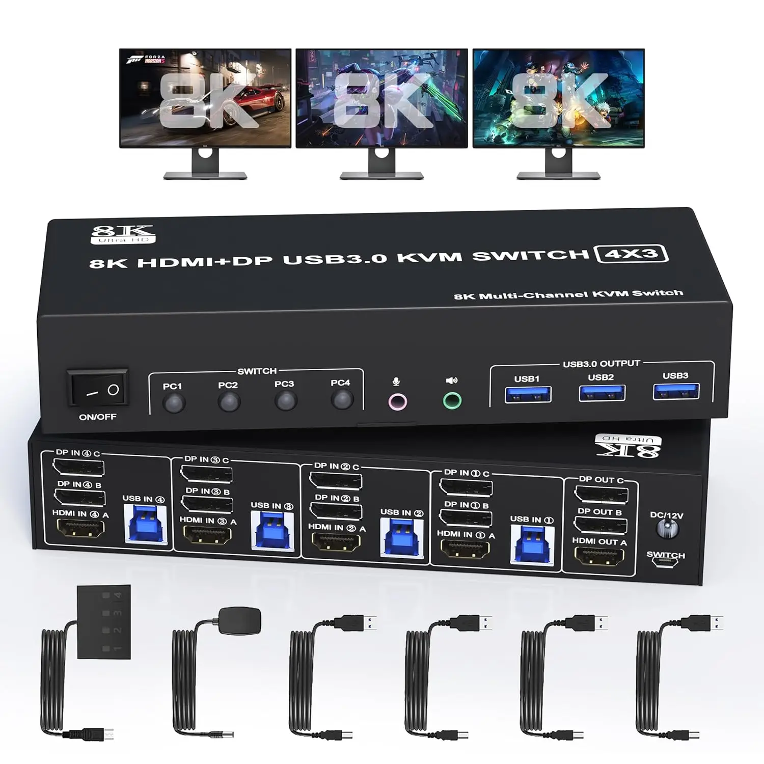 

4K@144Hz KVM Switch 3 Monitors 4 Computers 8K@60Hz 2 DisplayPort +1 HDMI KVM Switch Triple Monitor for 4 Computer with Audio and